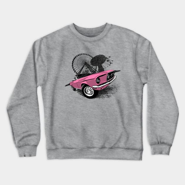 Pink 68 Mustang convertible against carnival backdrop Crewneck Sweatshirt by ZoeysGarage